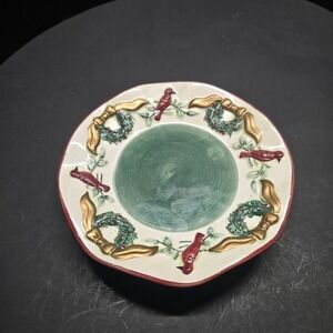 PACO‎ Christmas Cardinal Wreath Candle Holder Plate Ceramic Footed Holiday Decor